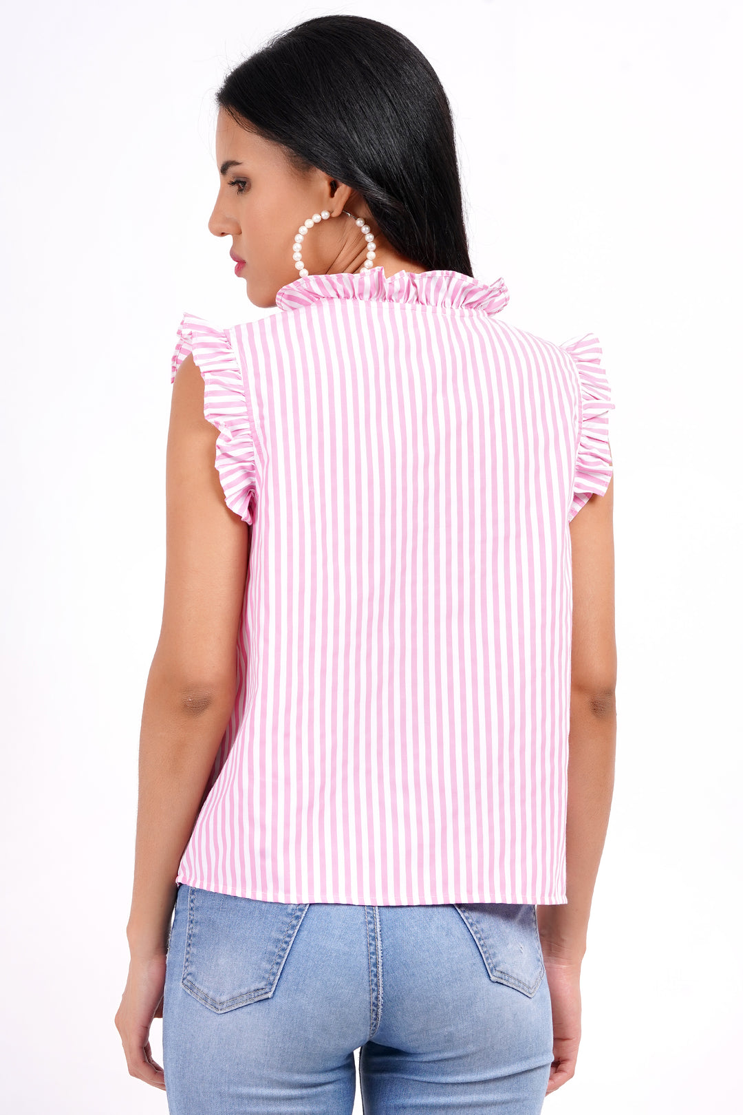 MINGLAY Women Pink Polycotton Stripe Sleeveless Round Neck A-Line Blouse