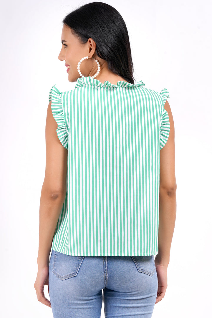 MINGLAY Women Green Polycotton Stripe Sleeveless Round A-Line Blouse