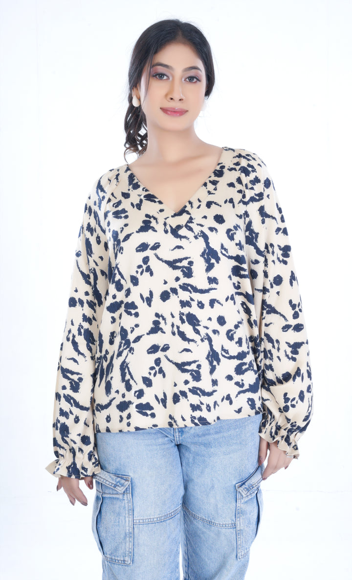 MINGLAY Women Beige Polyester Animal Print Full Sleeve V-Neck A-line Blouse