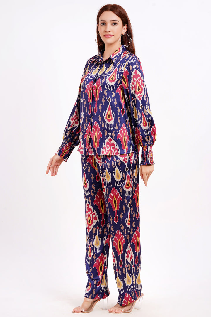 MINGLAY Women Navy Blue Polyester Ikkat Print Full Sleeve Collered A-line Cord Set