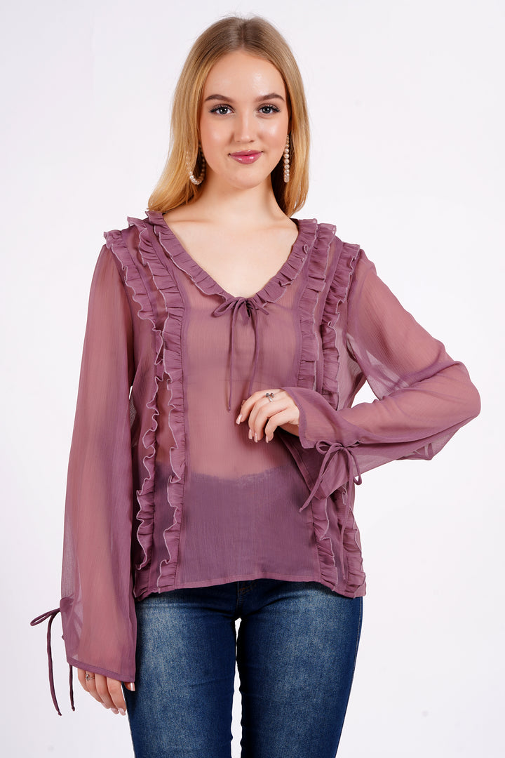 MINGLAY Women Purple Polyester Solid Plain Full Sleeve V Neck A-Line Blouse