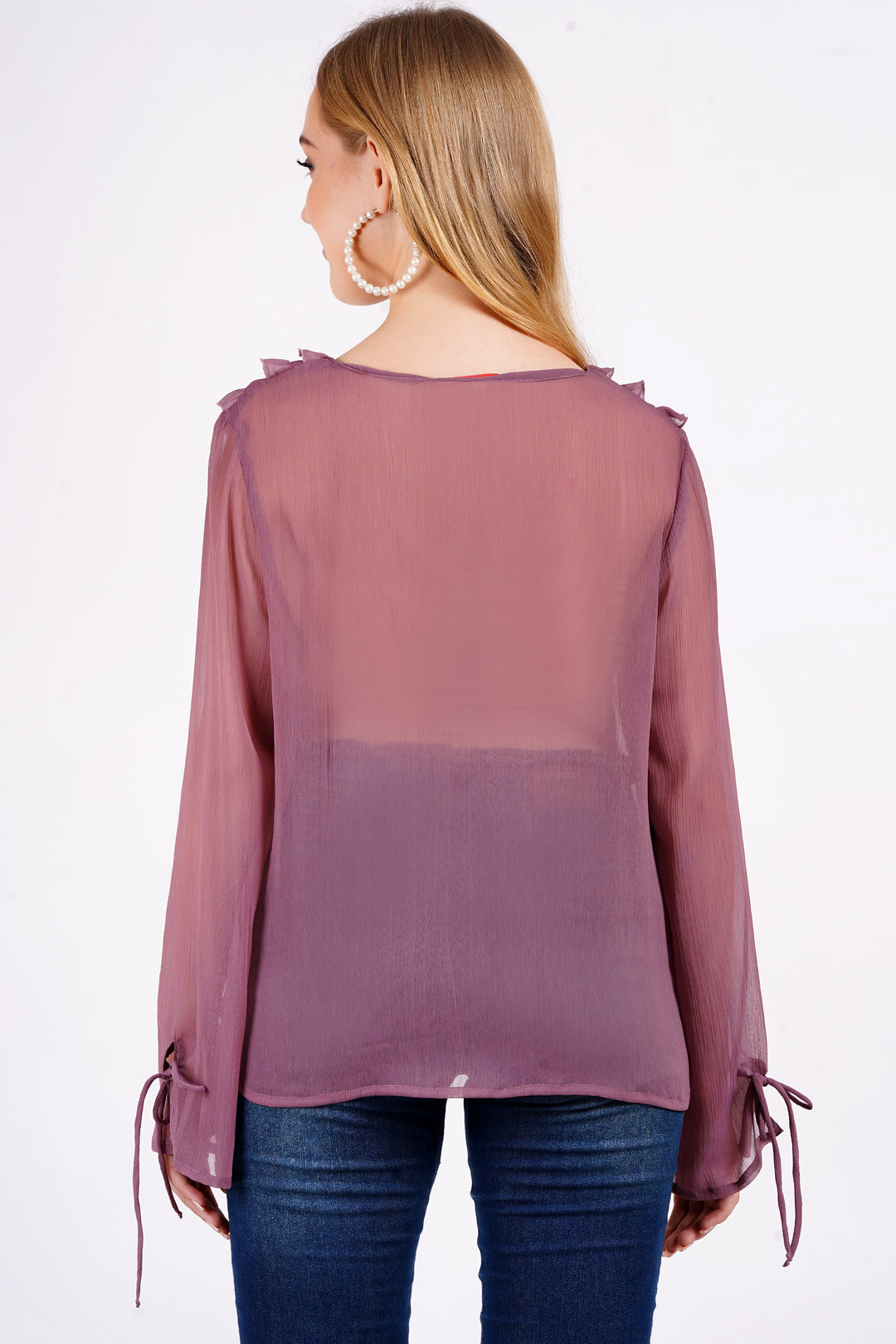 MINGLAY Women Purple Polyester Solid Plain Full Sleeve V Neck A-Line Blouse