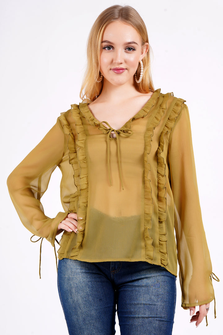 MINGLAY Women Olive Polyester Solid Plain Full Sleeve V Neck A-Line Blouse