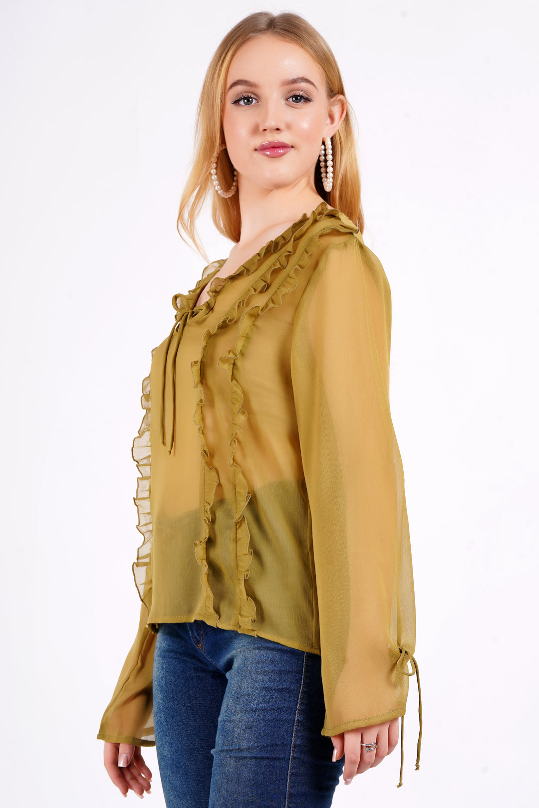 MINGLAY Women Olive Polyester Solid Plain Full Sleeve V Neck A-Line Blouse