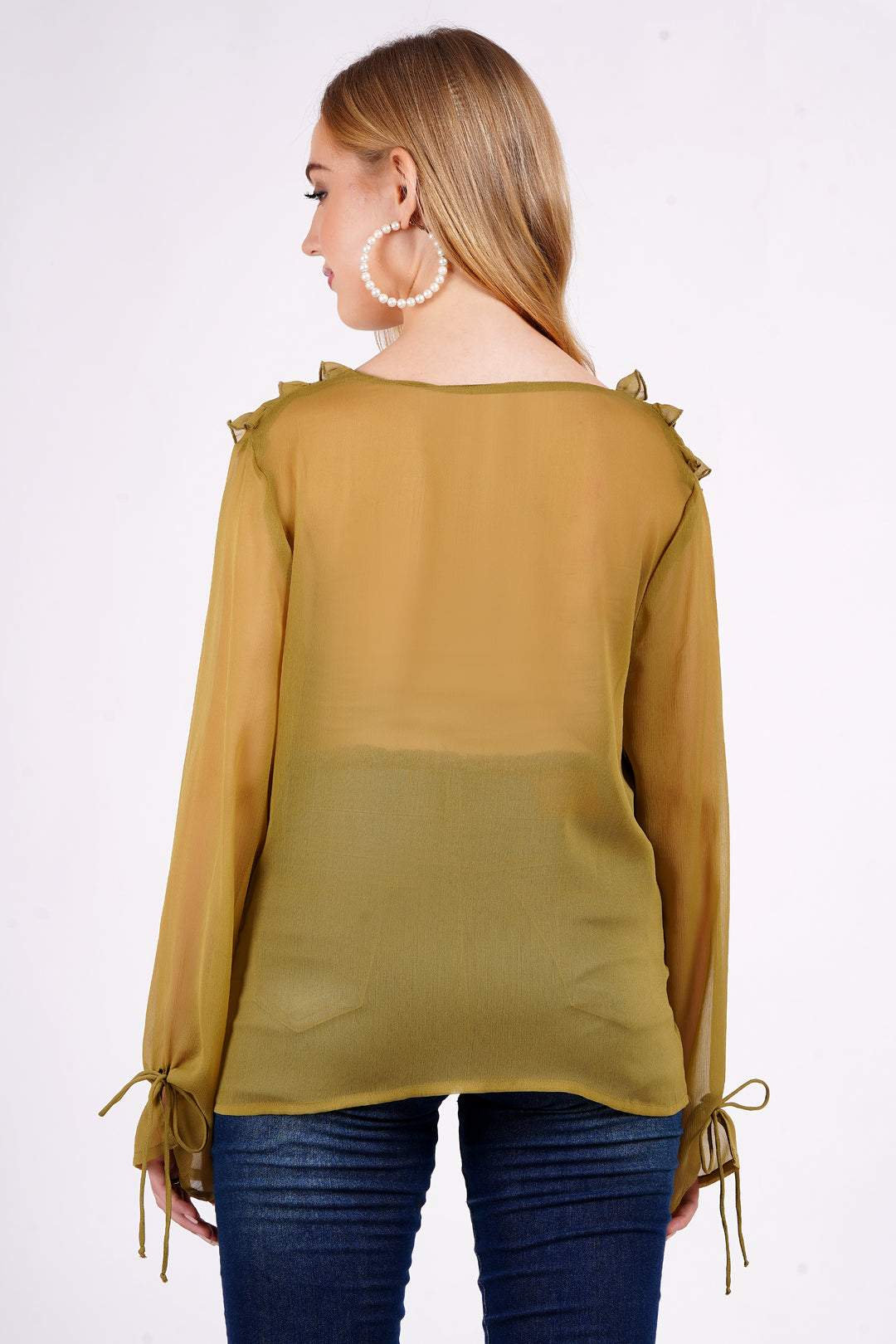 MINGLAY Women Olive Polyester Solid Plain Full Sleeve V Neck A-Line Blouse